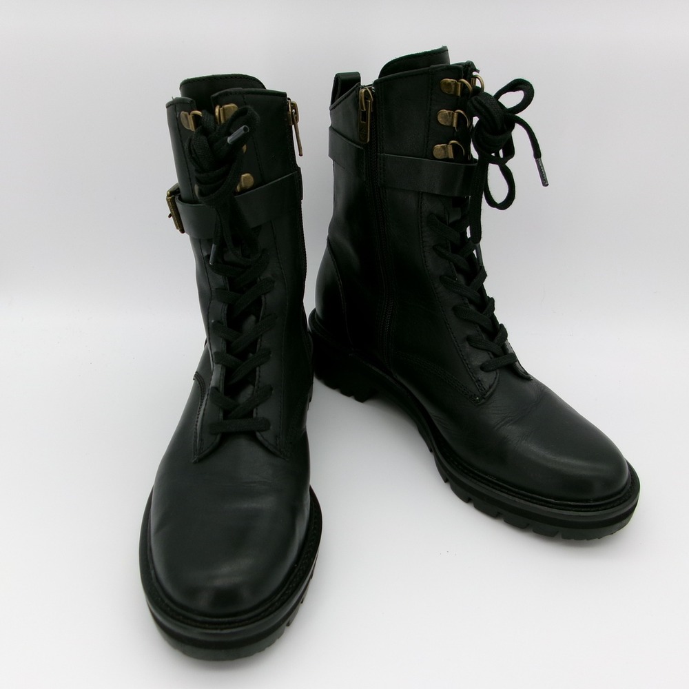 Antonio Melani Black Leather Combat Boots Lace Up Side Zip Buckle Lug Sole 8M